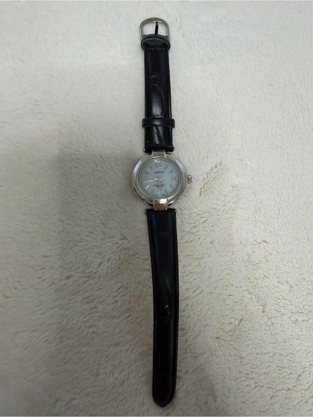 Silver Case Women's Watch with Black Leather Strap